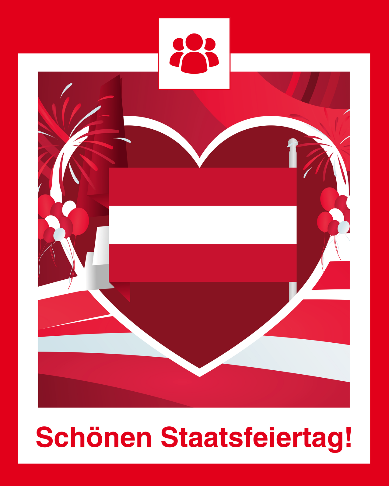 Festliche Nationalfeiertagsfeier in Österreich, mit einer herzförmigen Flagge, Luftballons und Feuerwerk im Hintergrund.