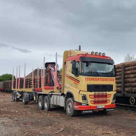 Ein gelber Volvo-Lkw mit einem roten Kran steht auf einem mit Holz gefüllten Parkplatz aus Erde.