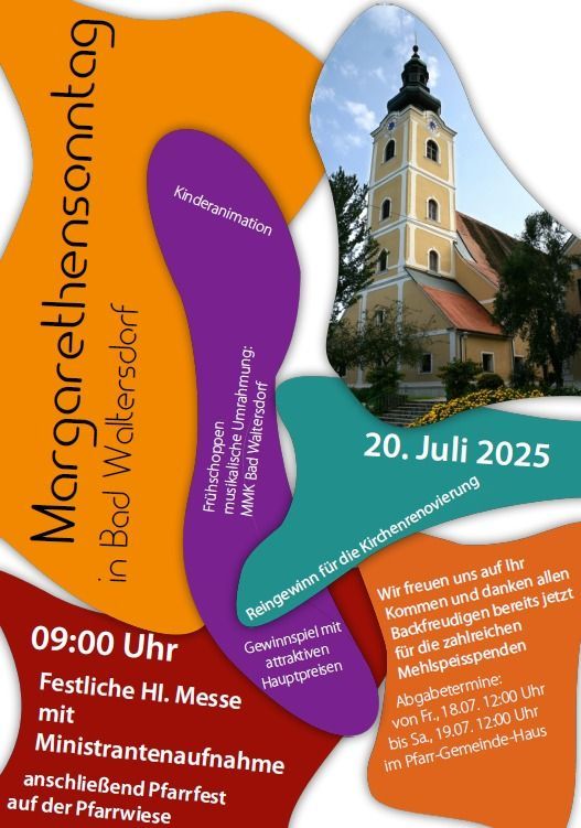 Plakat für Margarethensonntag in Bad Waltersdorf mit einer Kirche im Bild. Veranstaltungsdetails umfassen Datum, Uhrzeit und Aktivitäten.