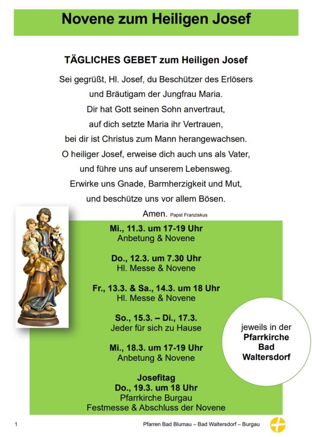 Ein Bild mit religiösem Text auf Deutsch. Es zeigt eine Statue eines Mannes, der ein Kind hält. Darunter befinden sich mehrere Termine und Uhrzeiten für Gebete und Messen.