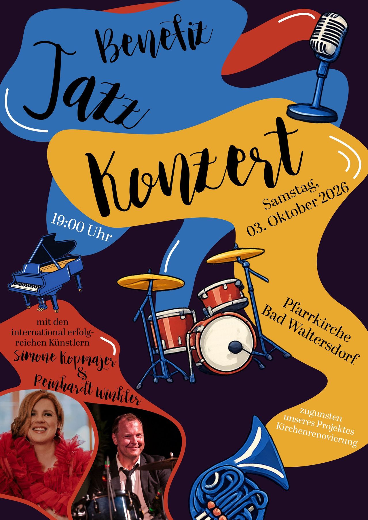 Plakat für ein Jazzkonzert am 3. Oktober 2026 mit Simone Kopmajer und Reinhardt Winter. Es zeigt Klavier, Schlagzeug und ein Mikrofon. Die Veranstaltung beginnt um 19:00 Uhr.