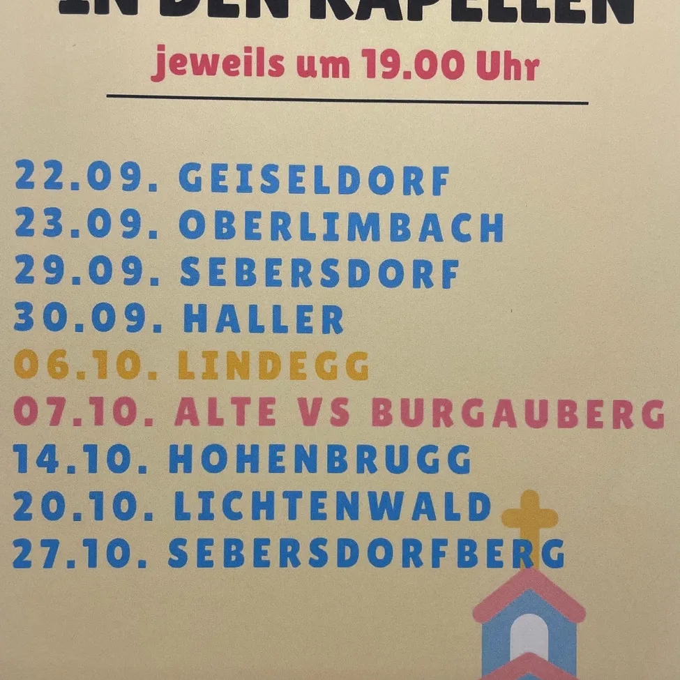 Ein Zeitplan für Veranstaltungen in deutschen Dörfern, jeweils um 19:00 Uhr. Die Termine reichen vom 22. September bis zum 27. Oktober.
