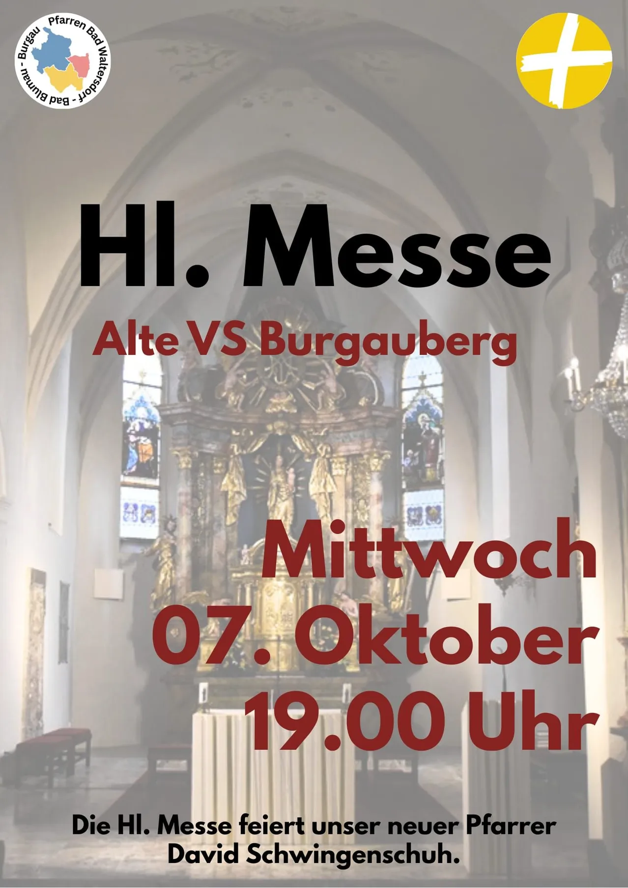 Ein Plakat für eine religiöse Veranstaltung, die HI. Messe, mit einem goldenen Altar und einem Kreuz, mit dem Datum und der Uhrzeit der Veranstaltung prominent angezeigt.