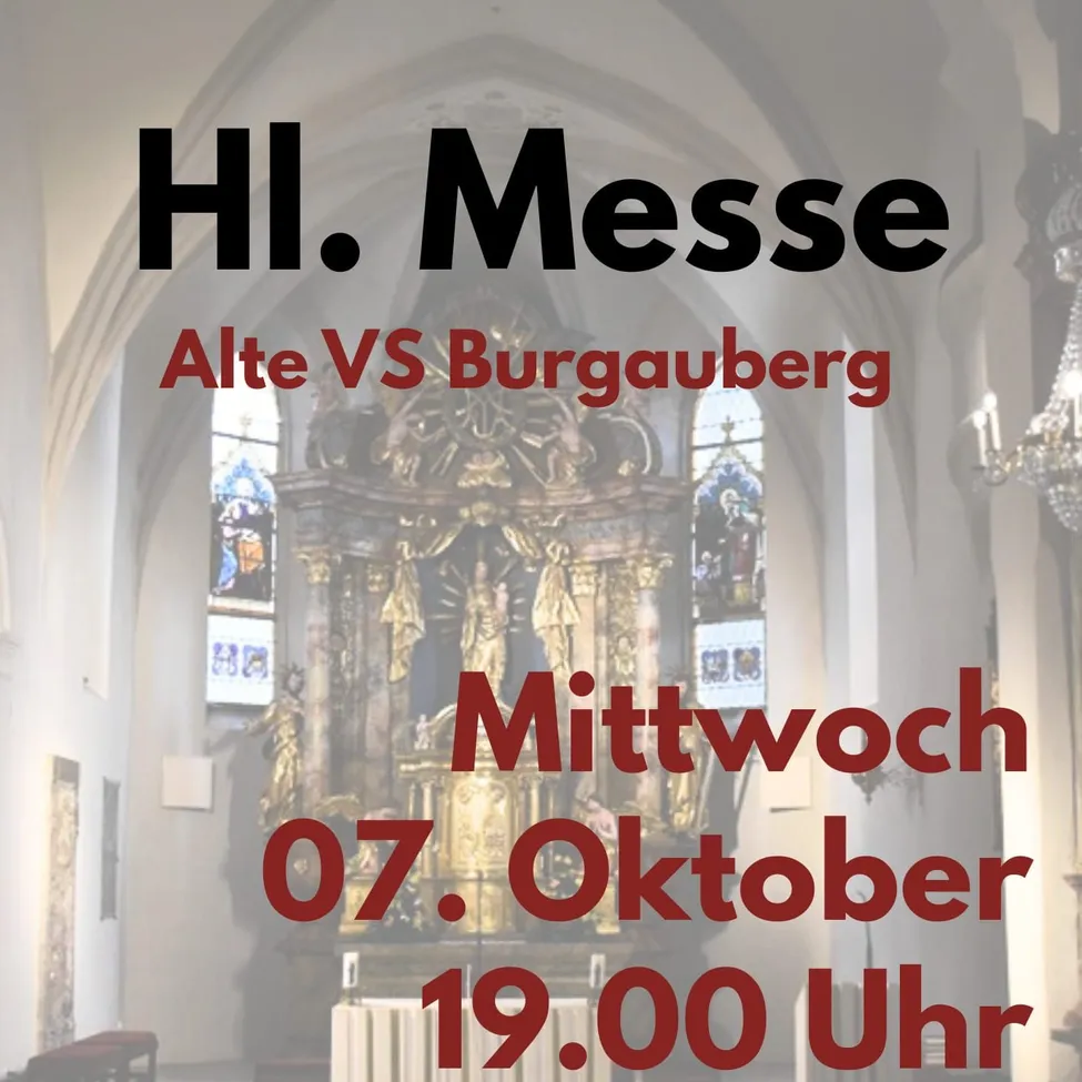 Ein Plakat für eine religiöse Veranstaltung, die HI. Messe, mit einem goldenen Altar und einem Kreuz, mit dem Datum und der Uhrzeit der Veranstaltung prominent angezeigt.