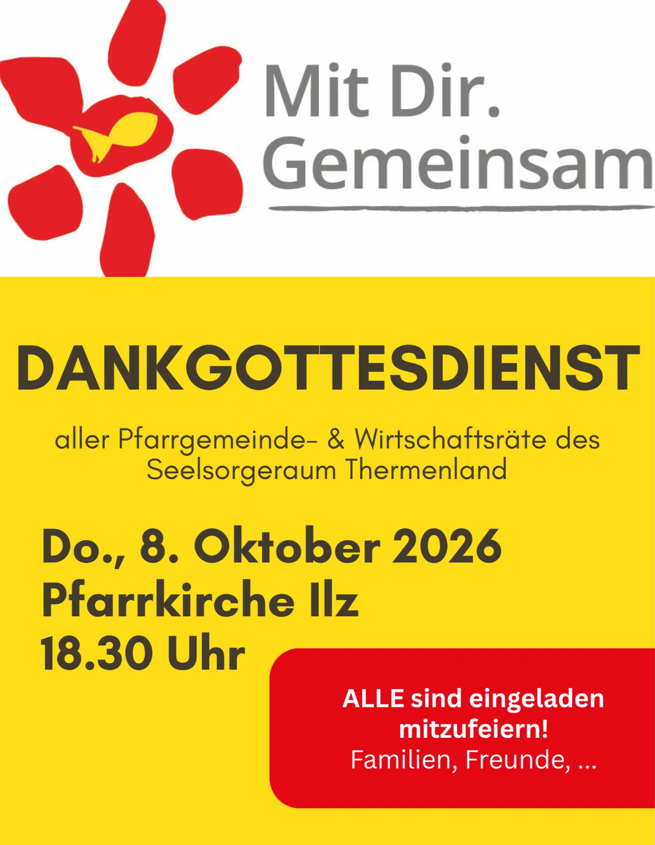 Plakat für einen Gottesdienst am 8. Oktober 2026 um 18:30 Uhr in der Pfarrkirche Iltz, alle Familien und Freunde sind eingeladen.