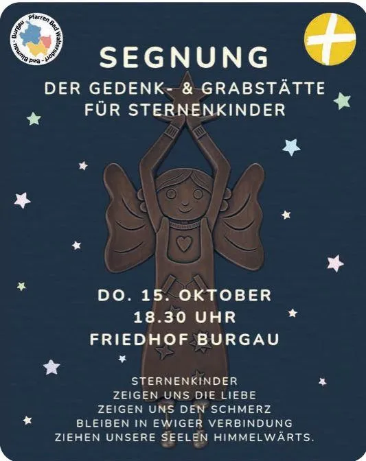 Ein Plakat für eine Gedenkfeier für Kinder, mit einem Mädchenengel mit Flügeln und einem Herz auf der Brust, die ihre Hände in der Luft hält. Das Plakat enthält das Datum, die Uhrzeit und den Ort der Veranstaltung.