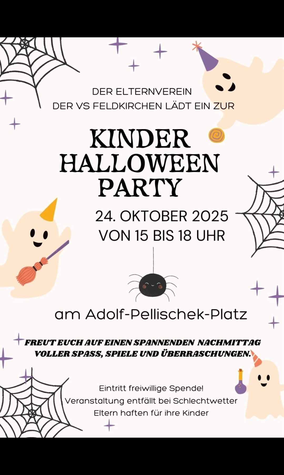 Plakat für eine Kinder-Halloween-Party am 24. Oktober 2025 von 15 bis 18 Uhr am Adolf-Pellischek-Platz. Zeigt einen Geist, eine Spinne und ein Spinnennetz.