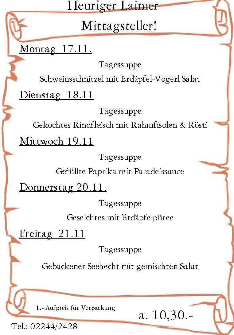 Weekly menu from Monday 17.11 to Friday 21.11: Monday, soup with pork and potato salad. Tuesday, soup with beef and beans. Wednesday, stuffed pepper with sauce. Thursday, soup with potato puree. Friday, baked sea bass with mixed salad.