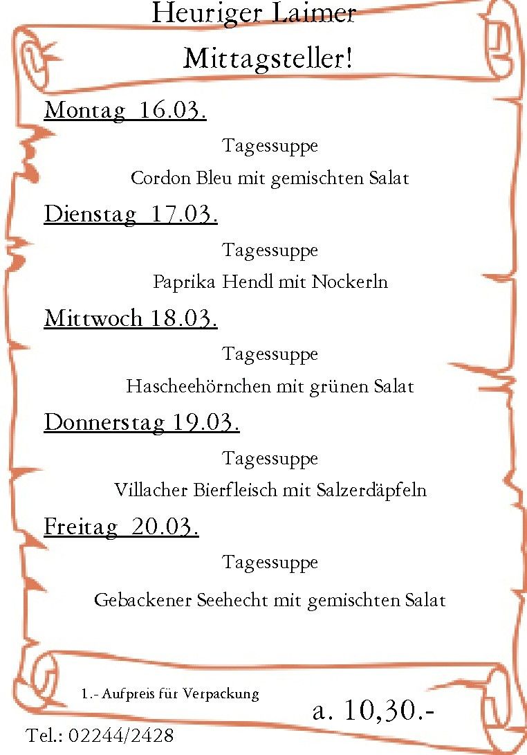 Ein wöchentliches Menü vom Montag, 10.03. bis Freitag, 20.03. mit täglichen Suppen und Gerichten mit Datum und Namen der Mahlzeiten.