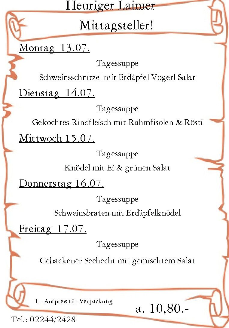 A weekly meal plan from Monday, July 19th to Friday, July 17th, featuring daily soups and main dishes with specific ingredients.