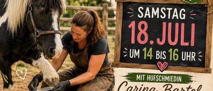 Workshop für Kinder am 18. Juli von 14 bis 16 Uhr. Hufpflege, Hufbeschlag und Hufeisenbasteln. Ab 6 Jahren.
