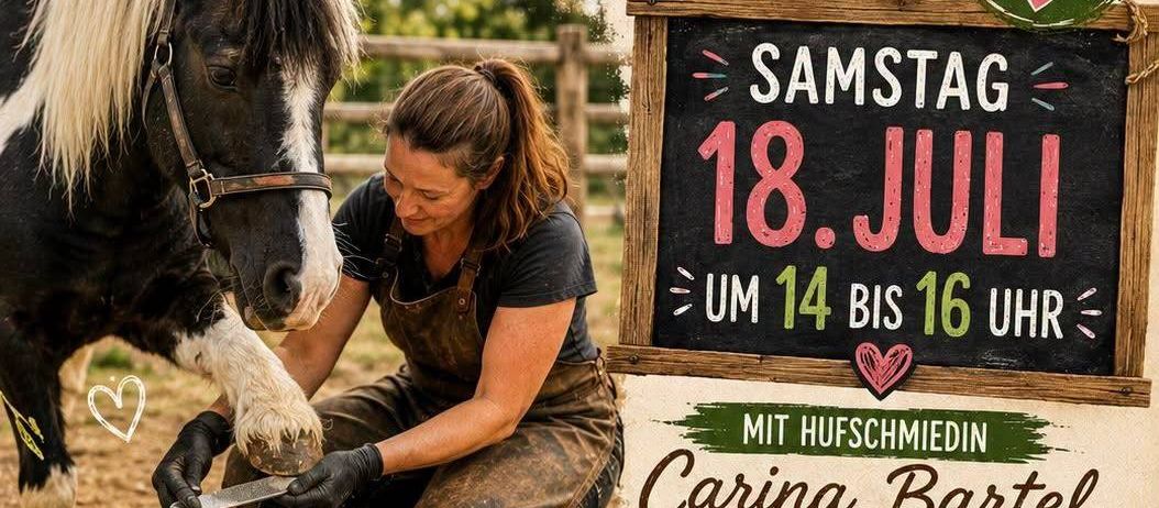 Workshop für Kinder am 18. Juli von 14 bis 16 Uhr. Hufpflege, Hufbeschlag und Hufeisenbasteln. Ab 6 Jahren.