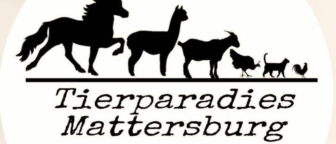 Silhouettes of a horse, alpaca, goat, chicken, and cat below the text 'Tierparadies Mattersburg'.