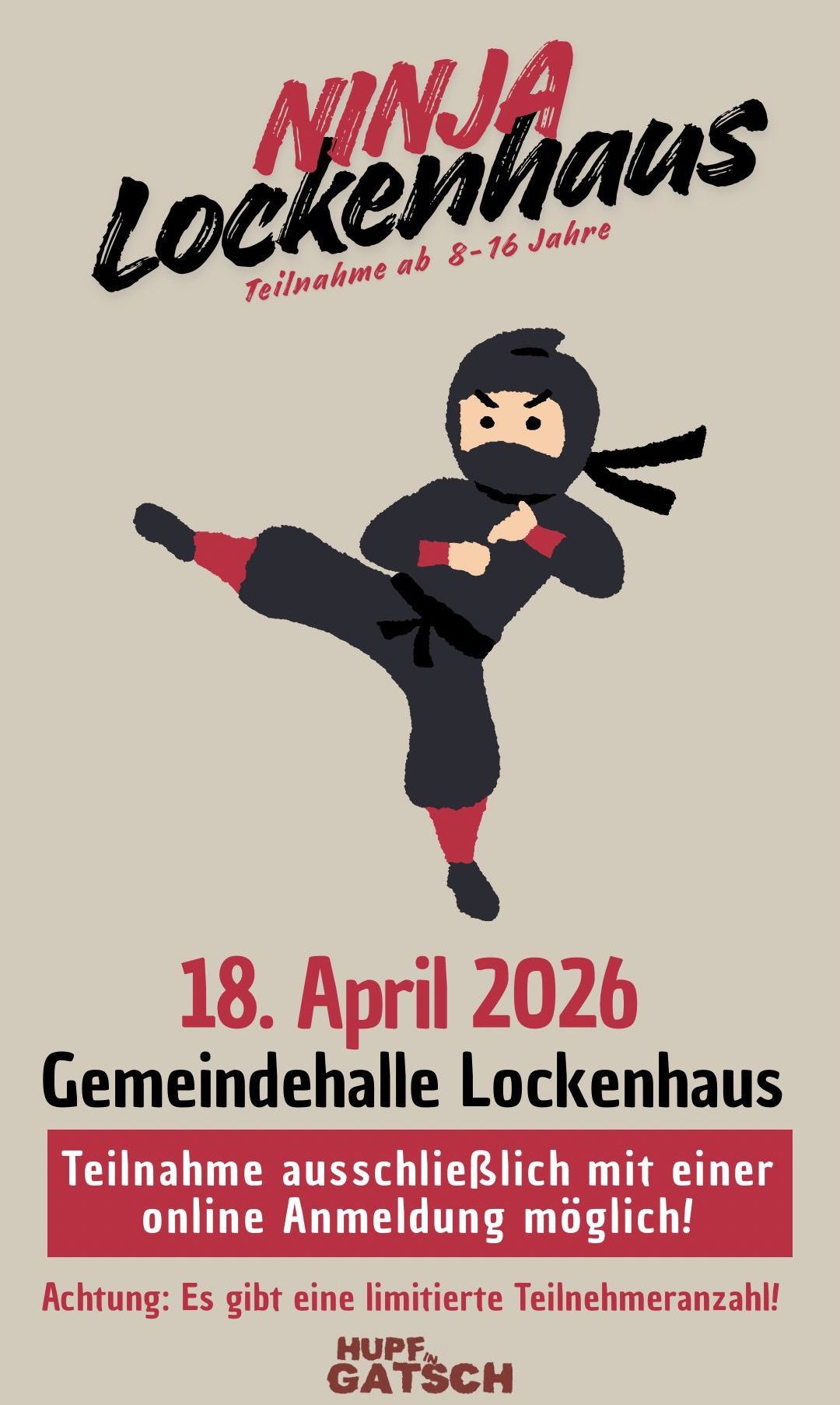 Ein Ninja-Charakter tritt in einer Kampfsportpose mit dem Datum 18. April 2026 und dem Ort Gemeindehalle Lockenhaus.