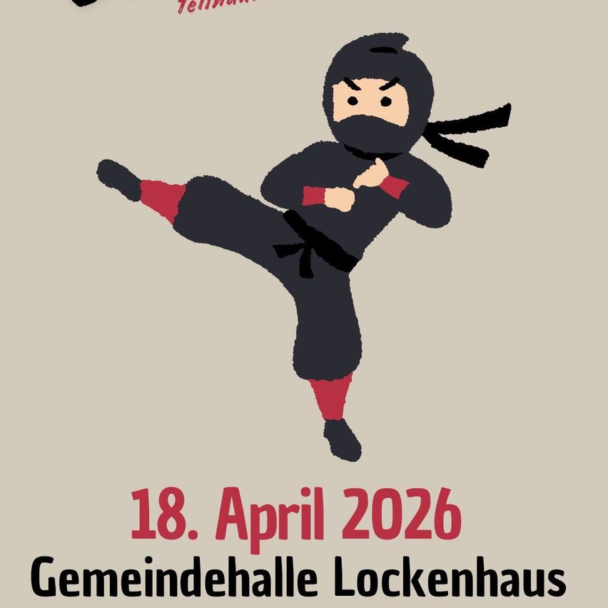 Eine illustrierte Ninja, die mit dem Datum 18. April 2026 und dem Ort Gemeindehalle Lockenhaus in der Luft kickt.
