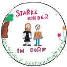 Ein kreisförmiges Logo mit zwei Kindern, die nebeneinander stehen, einem Baum und Blumen. Oben steht 'Starke Kinder' und darunter 'Im Dorf'. Der Hintergrundtext lautet 'Volksschule Deutsch-Schiitze N.'