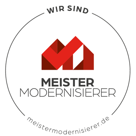 Das Logo für Meister Modernisierer, mit einem stilisierten roten Haus und dem Text 'Wir sind Meister Modernisierer' darüber.