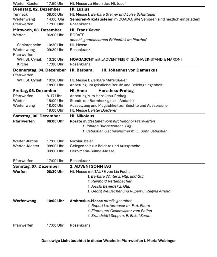 Ein Zeitplan für Gottesdienste in den Wochen vom 3. bis 9. Dezember und vom 10. bis 16. Dezember. Veranstaltungen umfassen Senior-Nikolausfest, HOAGSCHACT und Adventsonntagsmesse.