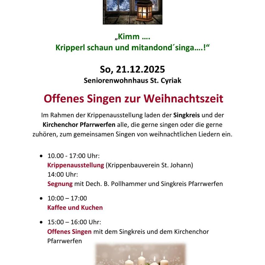 Einladung zum offenen Singen zur Weihnachtszeit am 21.12.2025 im Seniorenwohnhaus St. Cyriakus. Mit Krippenausstellung, Gesang und Kaffee und Kuchen.