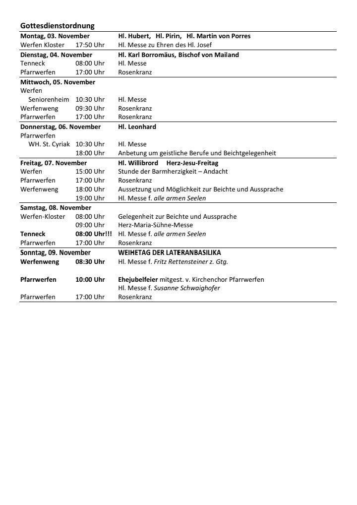 A schedule of events from November 5 to November 9, including services, masses, and feast days at various times. It features the names of the celebrants and the events taking place.