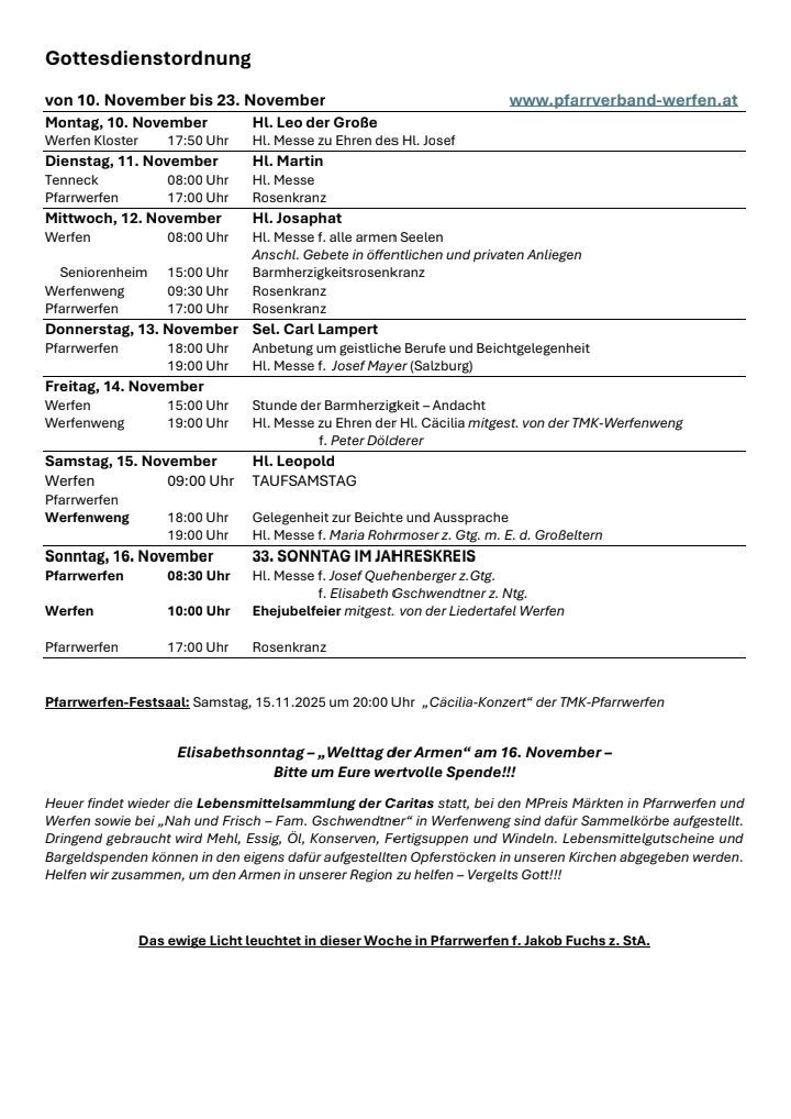 The document lists church services and events from November 11 to 16. It includes times, locations, and brief descriptions of each event. The services vary from masses to special occasions like the "Stunde der Barmherzigkeit" and the "Cäcilia-Konzert". The final note encourages readers to donate to help the poor.
