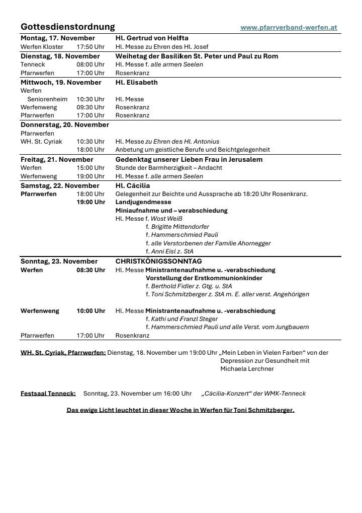 The image shows a schedule of religious services in German from November 19 to 23. It includes dates, times, and locations for various services and masses.