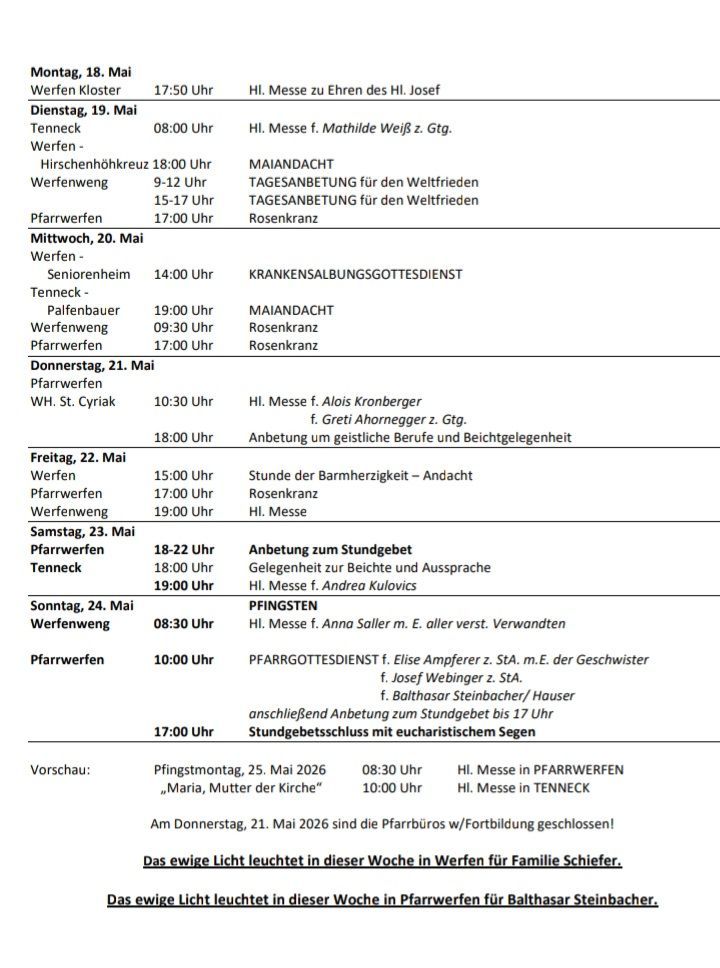 A schedule of events from May 19-24, 2020, includes masses, meetings, and a closing of the parish office on Thursday. Notable events are a weekday mass for peace, a study session, and a mass for the family of Schiefer.