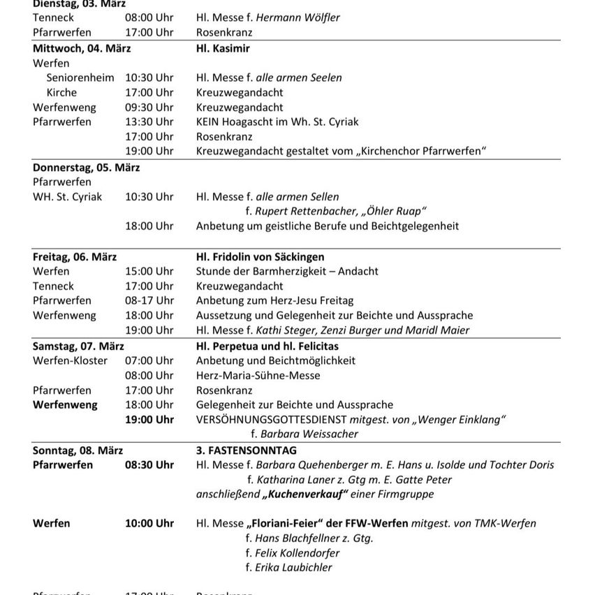 A schedule for religious services on various days with times and locations. It includes masses, blessings, and community gatherings. The schedule spans from March 3 to March 8.