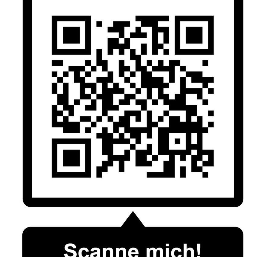 A QR code is displayed in a black border. Below it, there is a black arrow pointing down with the text 'Scanne mich!' in white font.