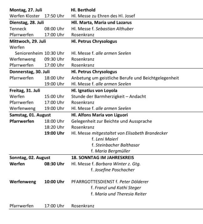 Eine Tabelle mit Gottesdiensten vom 27. Juli bis 2. August, mit Datum, Uhrzeit, Orten und Zelebranten. Die Gottesdienste finden in Werfen und Pfarrwerfen statt.