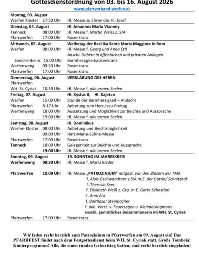 Ein Zeitplan für religiöse Dienste auf Deutsch, einschließlich Daten, Zeiten und Orten, mit einem Fokus auf verschiedene Heilige und religiöse Ereignisse.