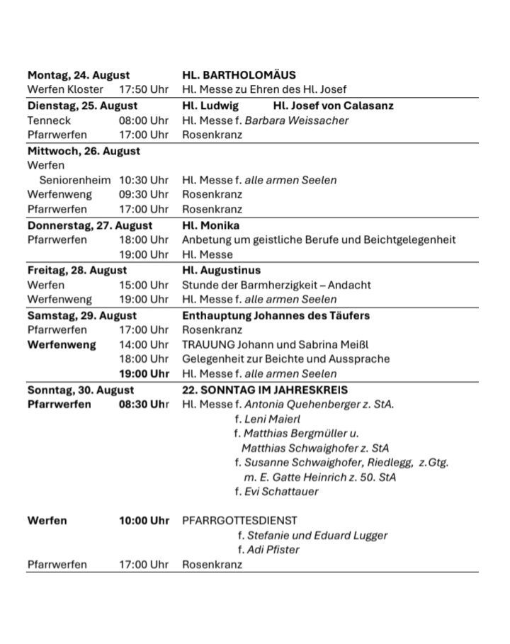 Eine wöchentliche Übersicht von Gottesdiensten und Veranstaltungen vom 24. bis 30. August, einschließlich Zeiten, Orten und Namen der Zelebranten.