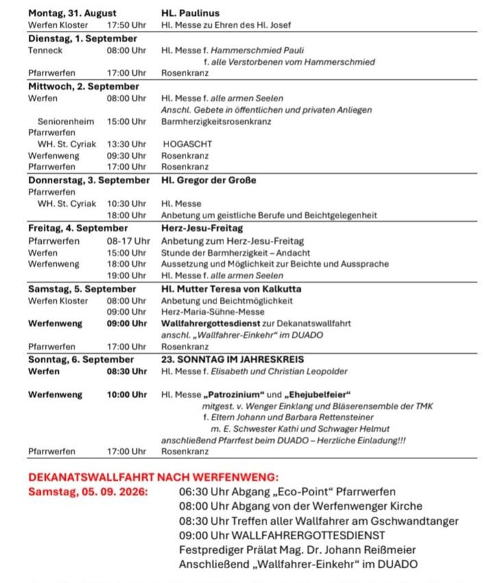 Ein Zeitplan für eine Woche religiöser Gottesdienste, einschließlich Zeiten und Orten, mit einem Schwerpunkt auf der Sonntagsmesse in der Werfeng Kirche.