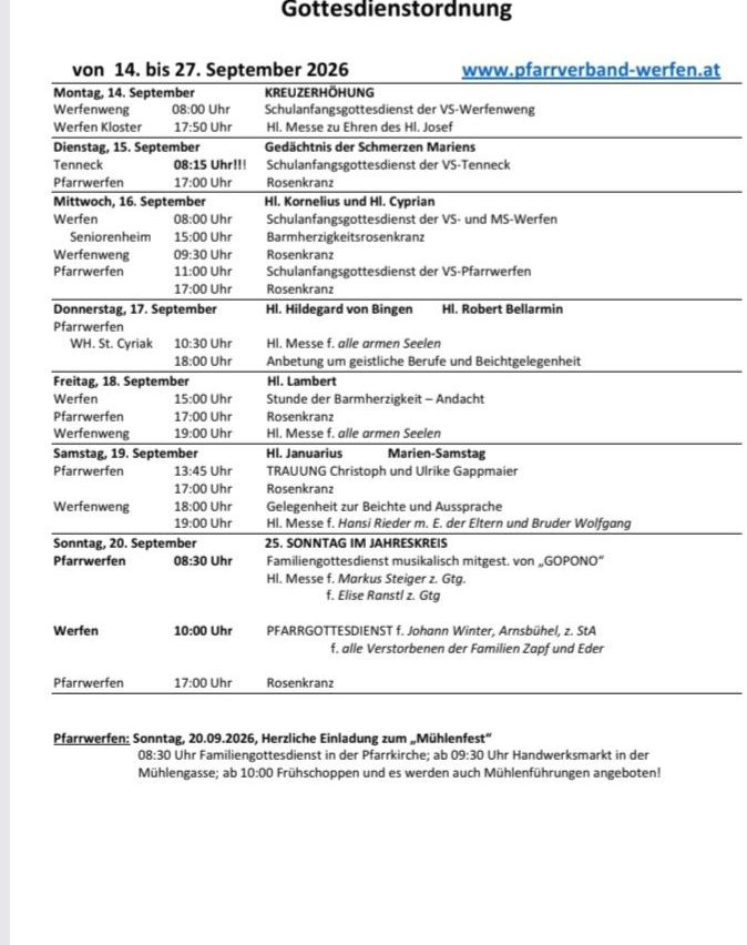 Ein Zeitplan für Veranstaltungen vom 14. bis 27. September 2026 beinhaltet verschiedene Gottesdienste und Zusammenkünfte mit genauen Zeiten und Orten.