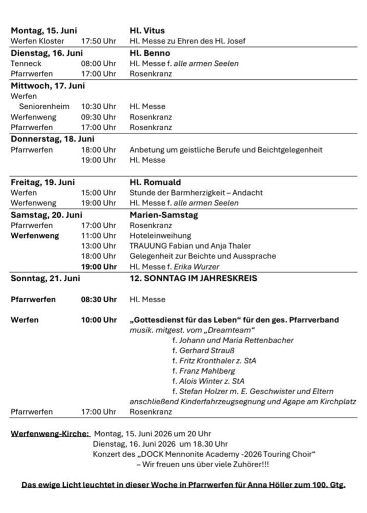 Wöchentlicher Zeitplan mit Zeiten und Aktivitäten in Werfen und Pfarrwerfen vom 17. bis 21. Juni. Veranstaltungen beinhalten Messen, ein Treffen für geistliche Berufe und einen Tag der Reflexion. Auch musikalische Auftritte sind geplant.