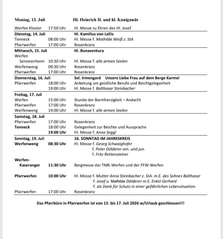 A weekly schedule of church services and events in Pfarwerfen, including dates, times, and locations. The schedule is from July 13th to July 19th, 2026.