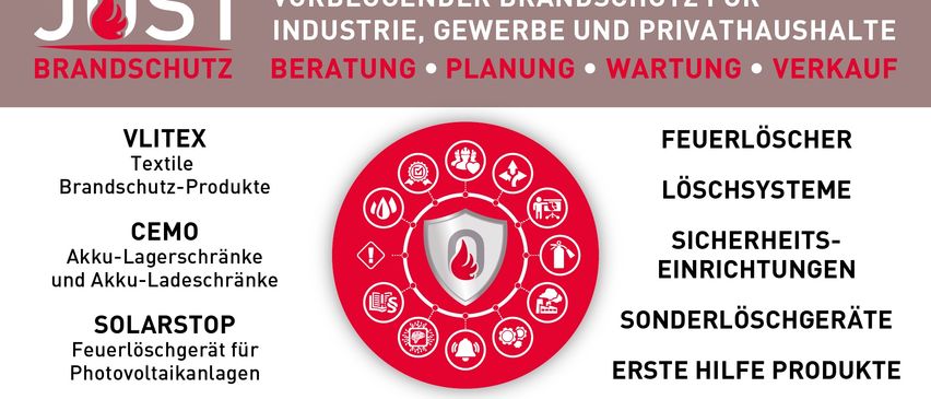 Ein Plakat, das vorbeugenden Brandschutz für Industrie, Gewerbe und Privatpersonen bewirbt. Es bietet Beratung, Planung und Wartungsdienste. Es zeigt Feuerprodukte, Löschgeräte, Sicherheitsausrüstung und Sonderkonditionen für Ersthelfer. Besuchen Sie www.jost-brandschutz.at für weitere Informationen.