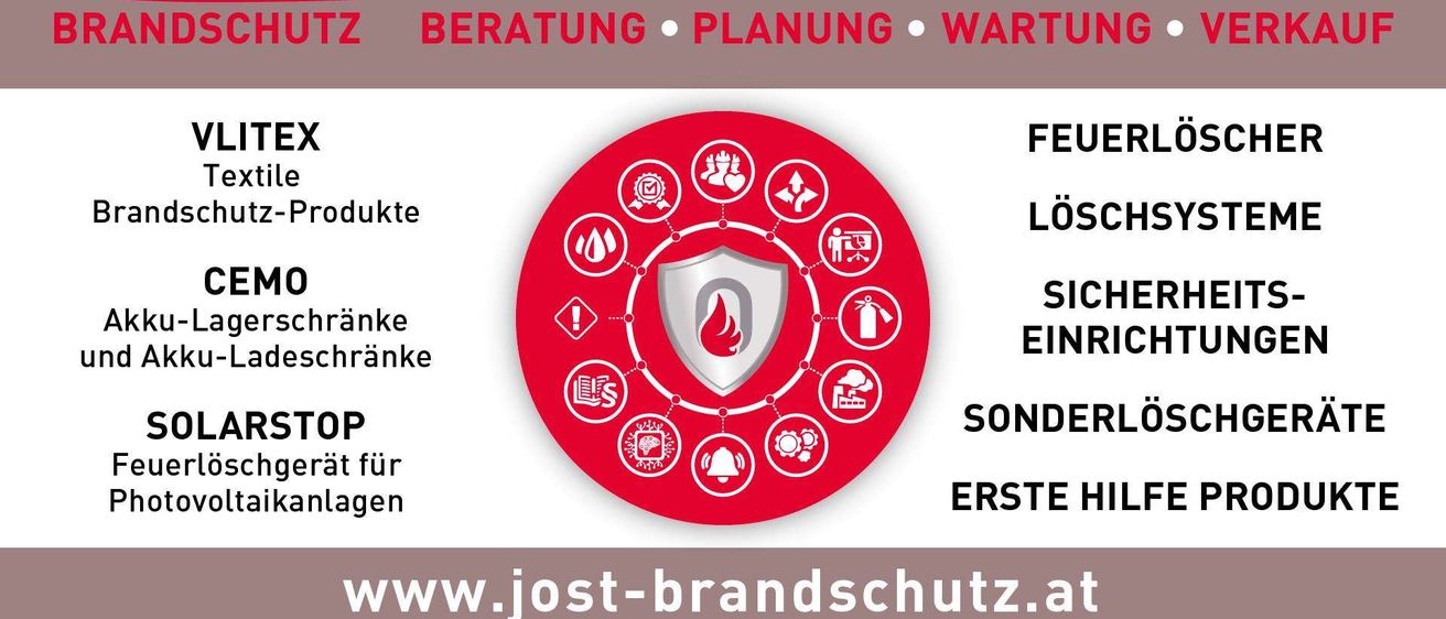 Ein Poster mit einem roten Schild-Symbol, umgeben von verschiedenen Sicherheits-Icons. Es steht 'Vorbeugender Brandschutz für Industrie, Gewerbe und Privat'. Unten befinden sich Text-Icons für Feuerprodukte, Löschgeräte und Sonderpreise für Erste Hilfe. Die Website ist www.jost-brandschutz.at.