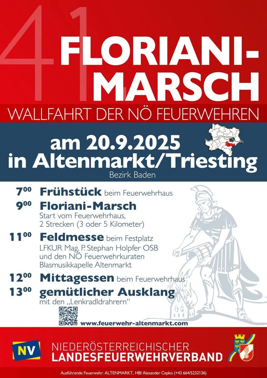 Plakat für den Floriani-Marsch am 20. September 2025, mit einem Soldaten, Frühstück um 7:00, Marsch um 9:00, Feldmesse um 11:00, Mittagessen um 12:00 und abschließender Zeremonie um 13:00.