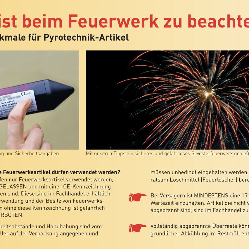 Infografik mit Sicherheitstipps für Feuerwerk. Betont die Wichtigkeit der Verwendung von nur CE-gekennzeichneten Feuerwerken und Feuerlöschern. Erwähnt auch die Notwendigkeit einer Wartezeit vor dem Abbrennen von Feuerwerken.