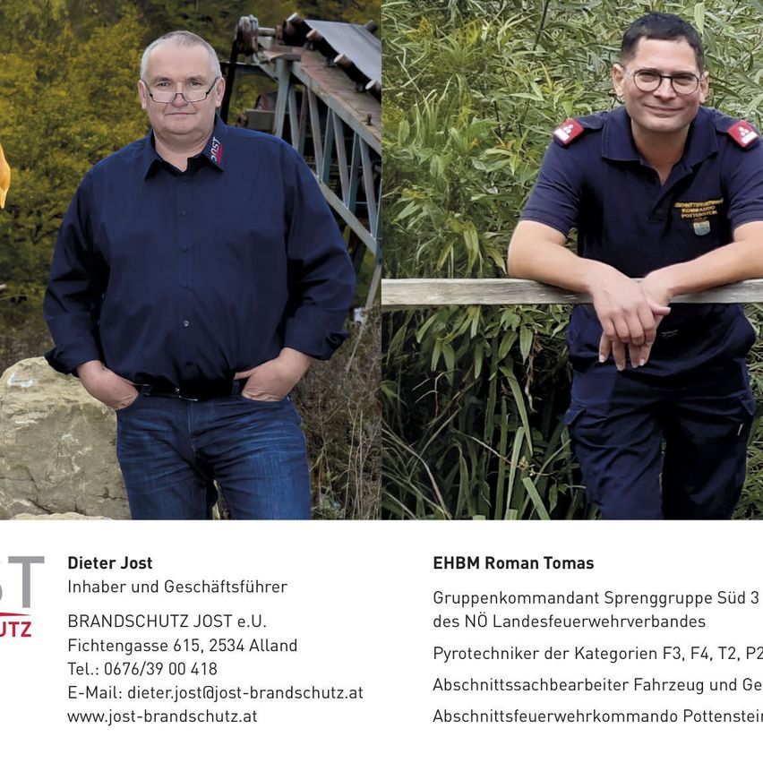 Zwei Personen sind in einem professionellen Umfeld abgebildet. Links steht Dieter Jost, ein Geschäftsinhaber, mit den Händen in den Taschen. Rechts lehnt Roman Tomas, ein Gruppenkommandant, mit verschränkten Händen an einem Zaun.