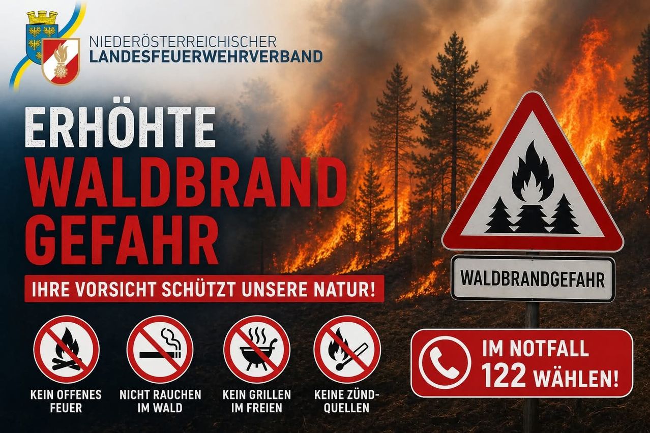 Warnhinweis mit Hintergrund eines Waldbrandes. 'Waldbrandgefahr' zeigt eine hohe Waldbrandgefahr an. Verbotene Aktivitäten umfassen Rauchen, Grillen und Feuer entfachen. Im Notfall rufen Sie 122 an.