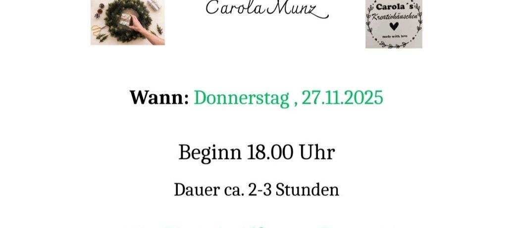 Die Marktgemeinde Attendorf lädt zum gemeinsamen Adventkranzbinden ein, unterstützt von Carola Munz. Wann: Donnerstag, 27.11.2025. Beginn: 18.00 Uhr. Dauer: ca. 2-3 Stunden. Wo: Pizzeria Alfonso - Extraraum, Hauptstr. 103, 2534 Alland. Reisig und Kranz werden vom TVA gratis zur Verfügung gestellt, Kerzen und Deko können vor Ort erworben oder selbst mitgebracht werden. Verbindliche Anmeldung bis 9.11.2025.