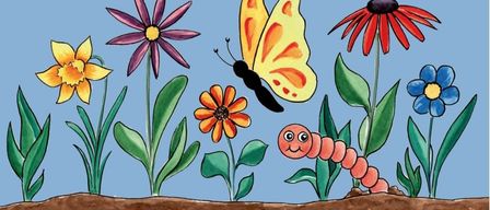 Plakat für Blumenerden Aktion Pflanzentauschmarkt. Datum: Samstag, 2. Mai 2026. Zeit: 09:00 - 13:00. Ort: SPAR Parkplatz, Alland. Mit Blumen, einer Schmetterling und einem Raupe.