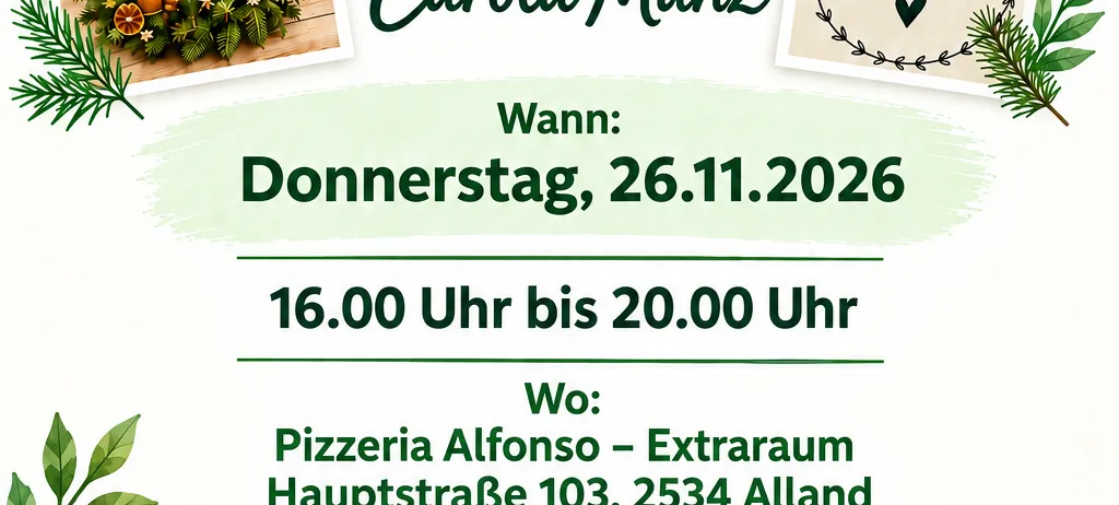 Ein Werbeplakat für ein Adventkranzbinden-Event. Es zeigt ein Bild des Kranzes, Datum, Uhrzeit, Ort, Kosten und Kontaktdaten.