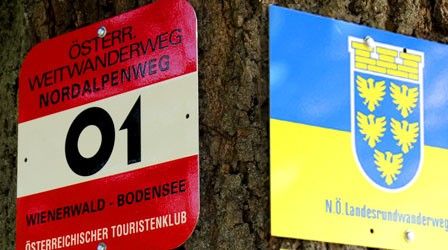 Zwei Schilder an einem Baum, eines rot mit weißen und schwarzen Texten und das andere blau und gelb mit einem Wappen. Das rote Schild zeigt 'Osterreich. Weitwanderweg Nordalpenweg 01.' Das blaue Schild zeigt 'NO. Landesrundwanderweg.'