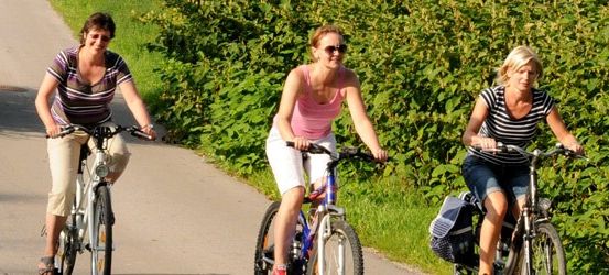 Drei Frauen fahren auf einem asphaltierten Weg mit Fahrrädern, mit Grünpflanzen und Büschen auf beiden Seiten. Sie tragen Freizeitkleidung und Sonnenbrillen.