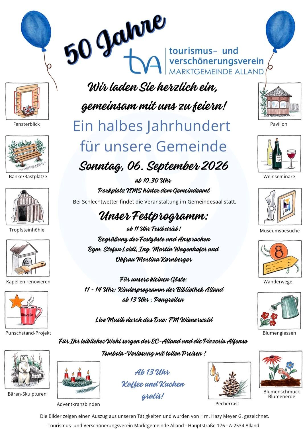 Ein Einladungsposter für eine Gemeinschaftsfeier in Alland, Österreich, mit verschiedenen Aktivitäten und Attraktionen. Die Veranstaltung ist für den 6. September 2026 um 10:30 Uhr geplant. Das Poster zeigt Illustrationen eines Pavillons, Weinseminars und anderer Gemeinschaftsaktivitäten.