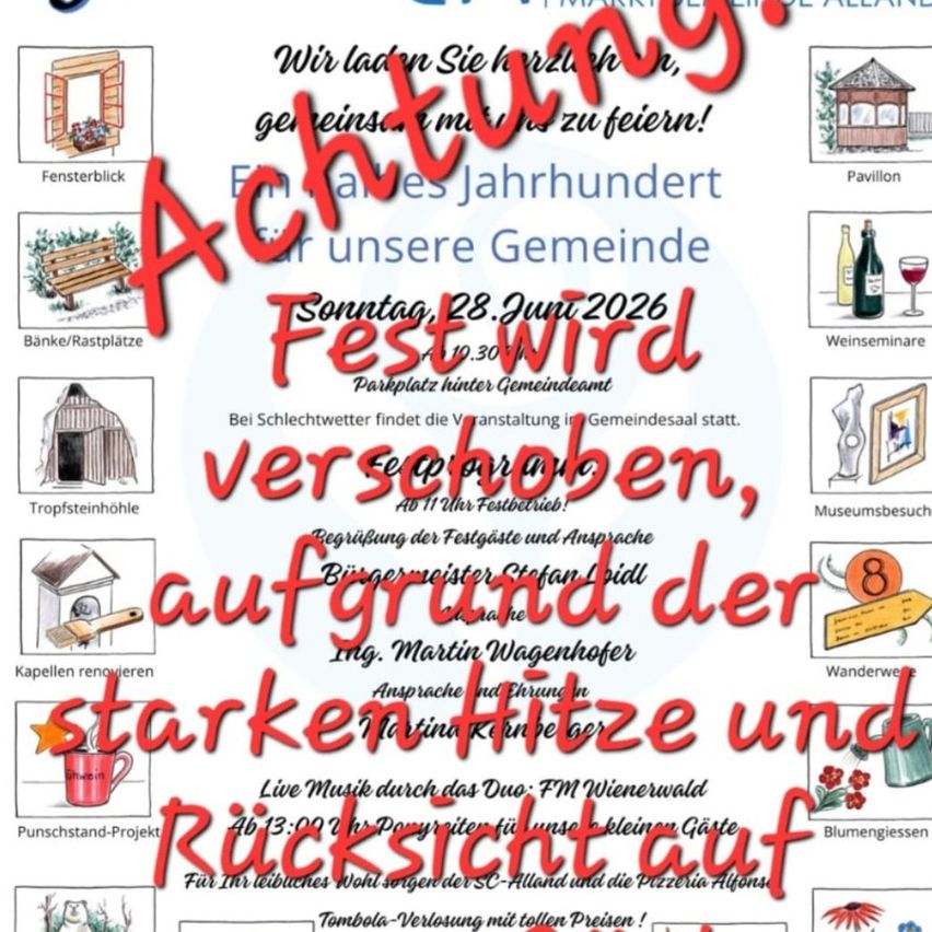 Plakat für eine Gemeindefeier zum 800-jährigen Jubiläum der Gemeinde, geplant für den 28. Juni 2026. Verschiedene Aktivitäten und Attraktionen sind aufgelistet, einschließlich eines Weinseminars, Pavillon und Museumsbesuch. Live-Musik von FM Wienerwald ist ebenfalls zu erwarten.