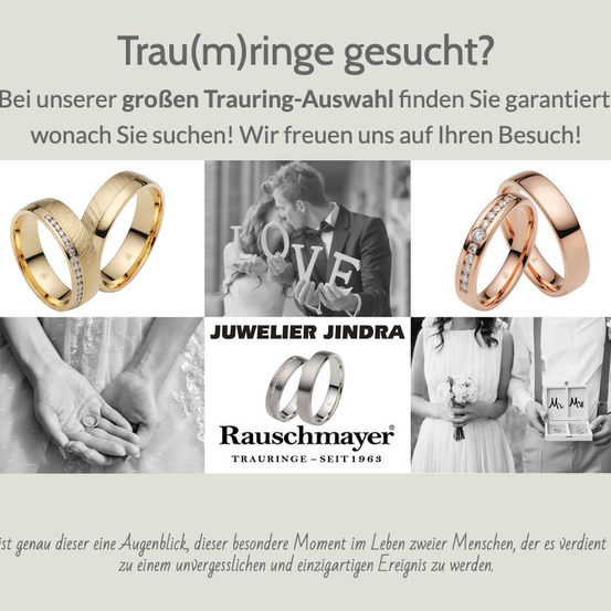 Eine Werbung für Rauschmayer Schmuck, die eine Collage von Eheringen und einem sich küssenden Paar zeigt. Der Text lautet 'Trauringe gesucht? Finden Sie garantiert, wonach Sie suchen! Wir freuen uns auf Ihren Besuch!'.